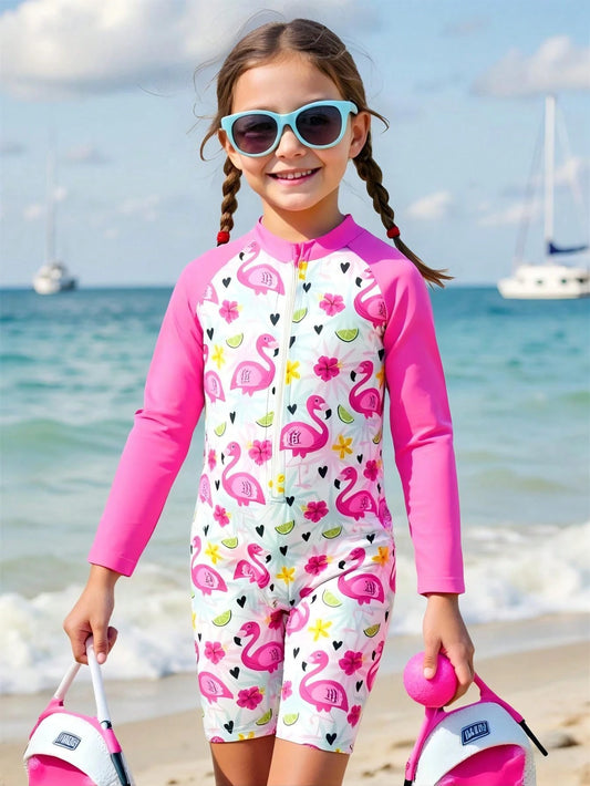 Traje de baño de una pieza con estampado de flamencos, con cremallera y manga larga para protección solar, para niñas
