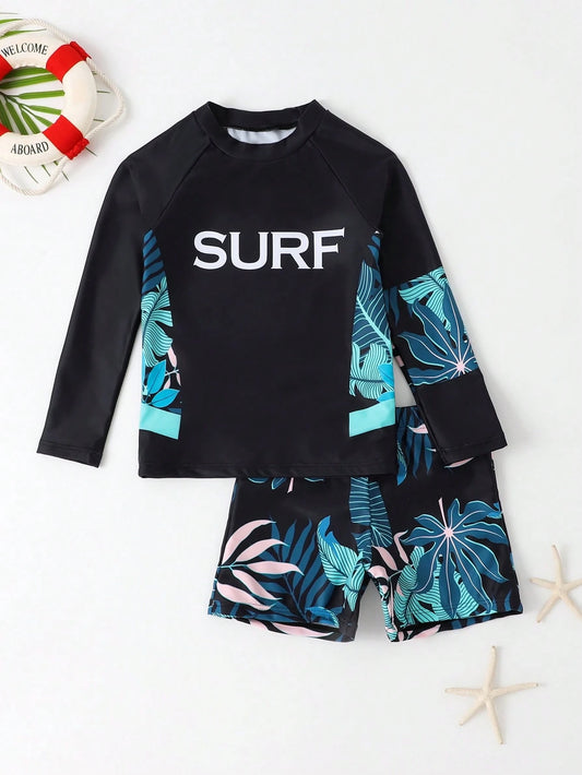 Traje De Baño De Cuello Alto Para Niños Con Gráfico Tropical Y De Letras Al Azar Para La Playa