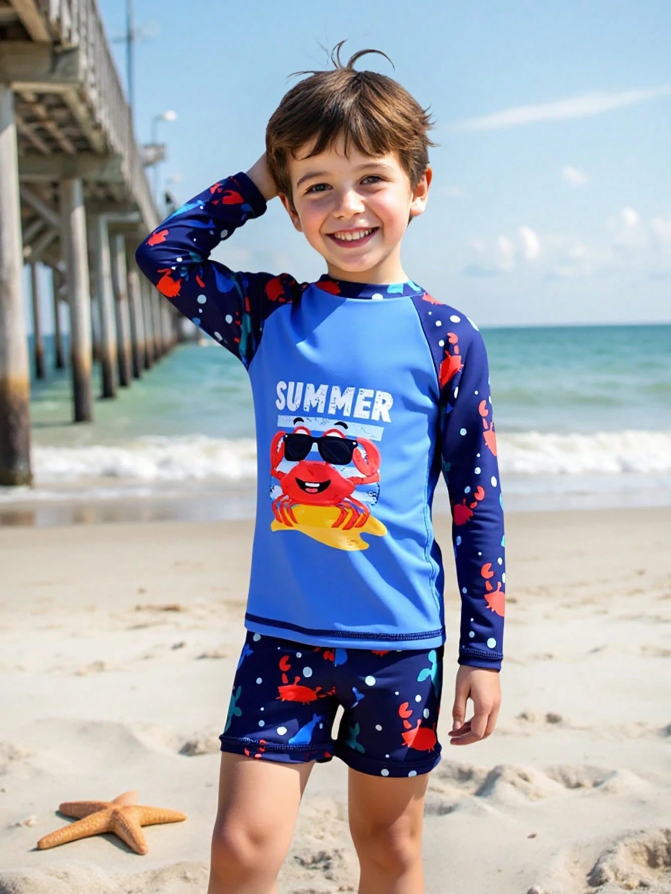 Conjunto de traje de baño de manga larga con estampado de océano para niños