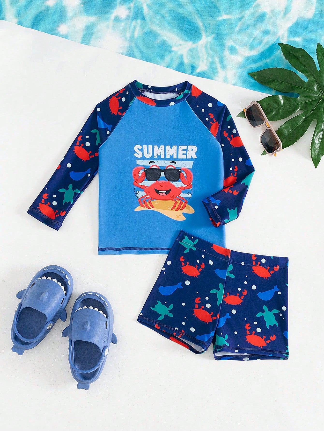 Conjunto de traje de baño de manga larga con estampado de océano para niños