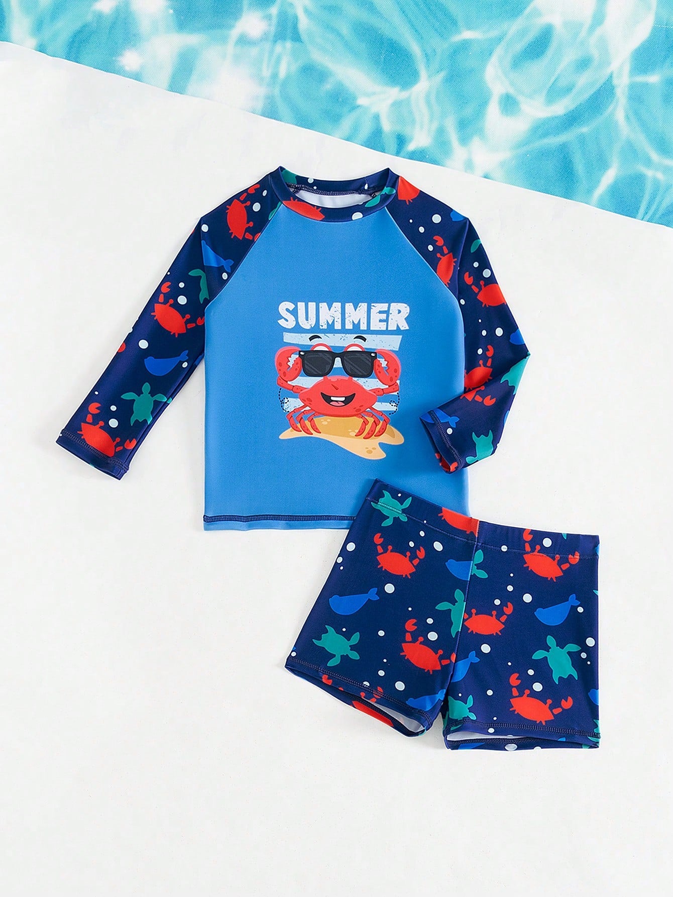 Conjunto de traje de baño de manga larga con estampado de océano para niños