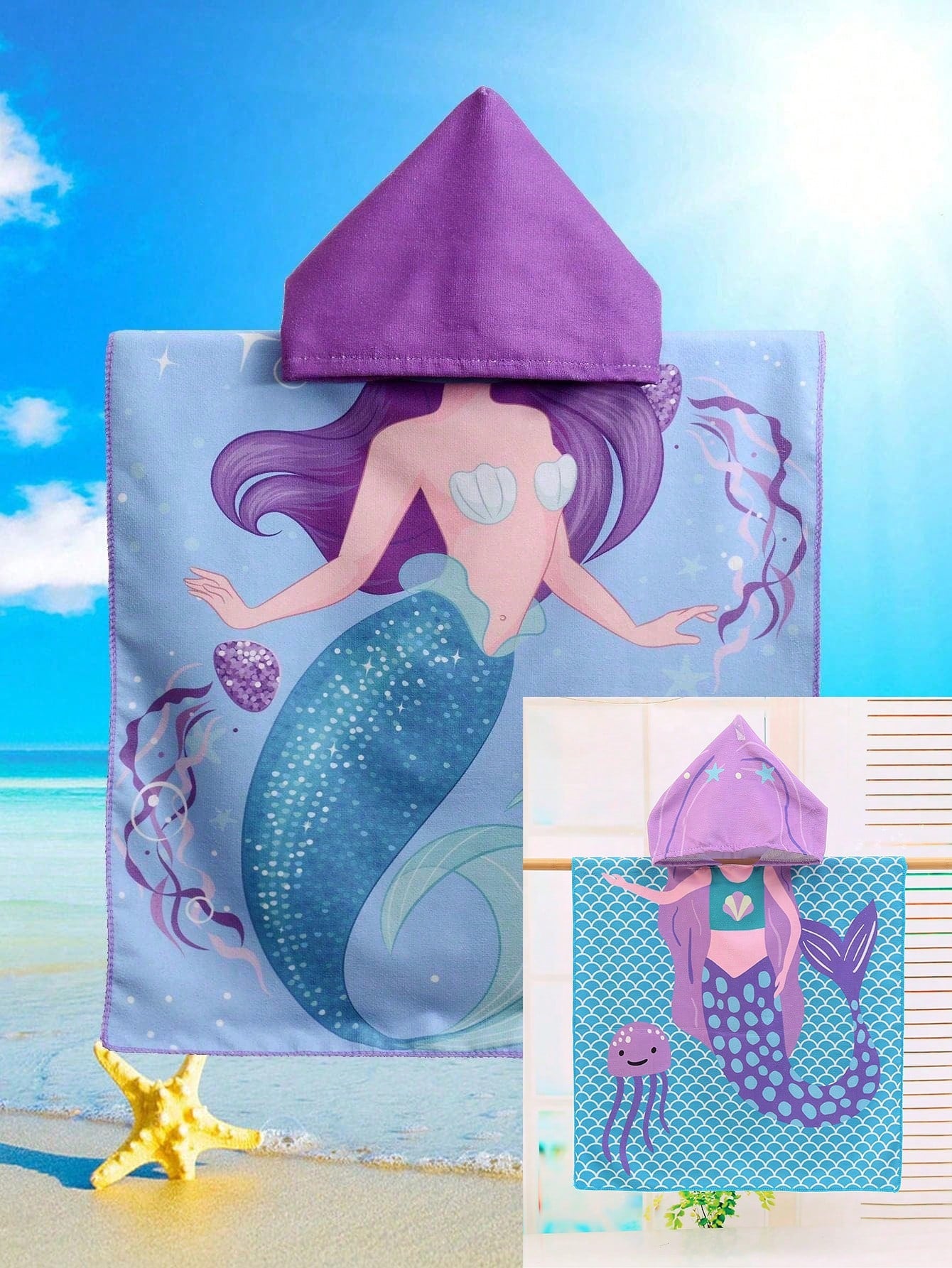 1 pieza Toalla de playa con capucha, extra grande y gruesa, de diseño de sirena, decorativa para el hogar y el baño