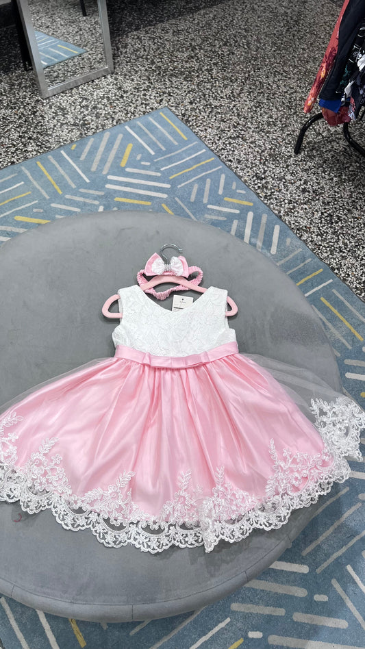 VESTIDO para niña rosado con encaje y lazo trasero incluye diadema