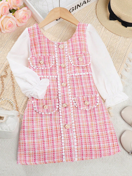 Vestido Rosa pequeño elegante Burbuja de Manga Larga de cuadros con perlas