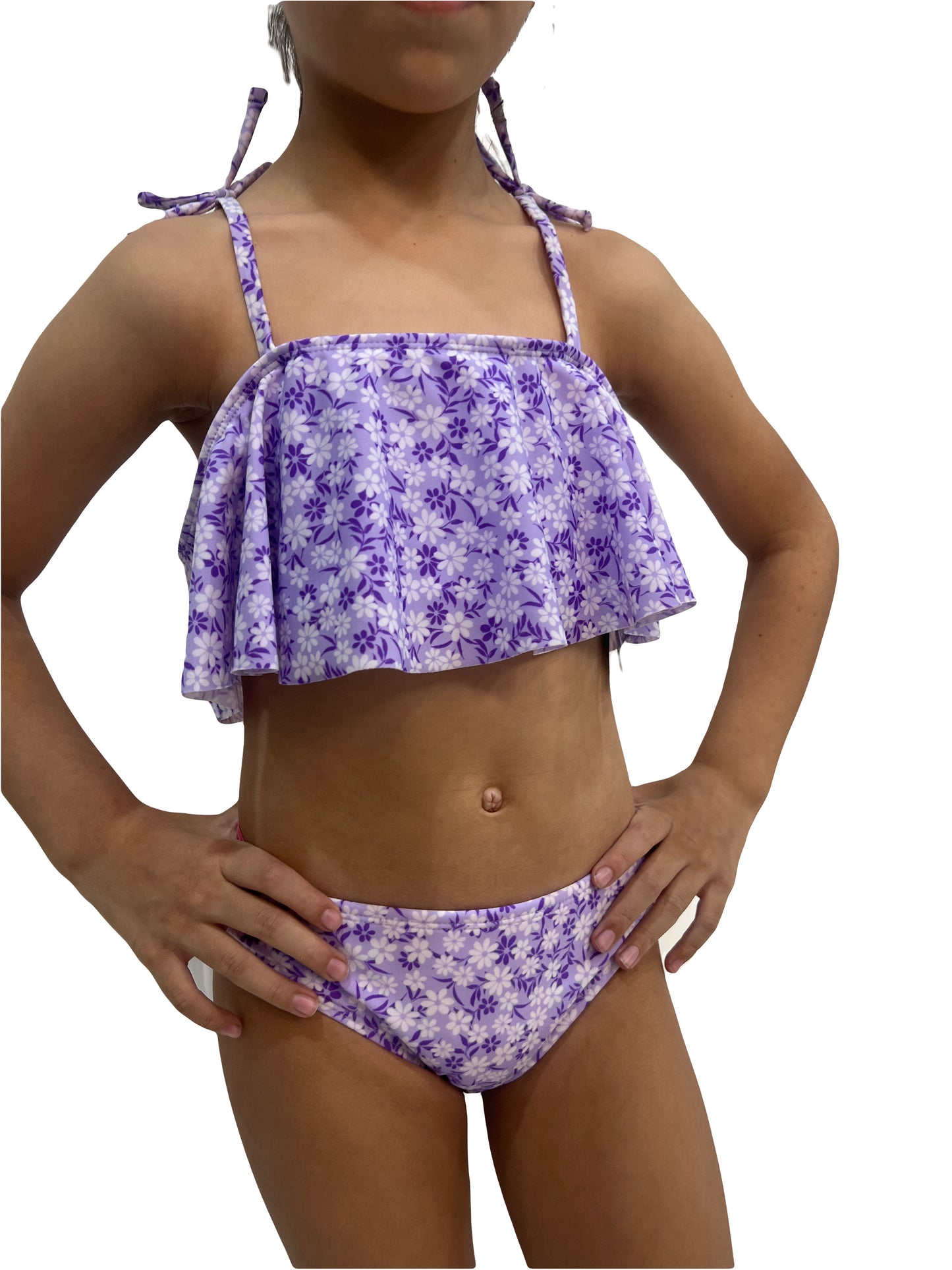 Traje de baño morado con flores 2 piezas