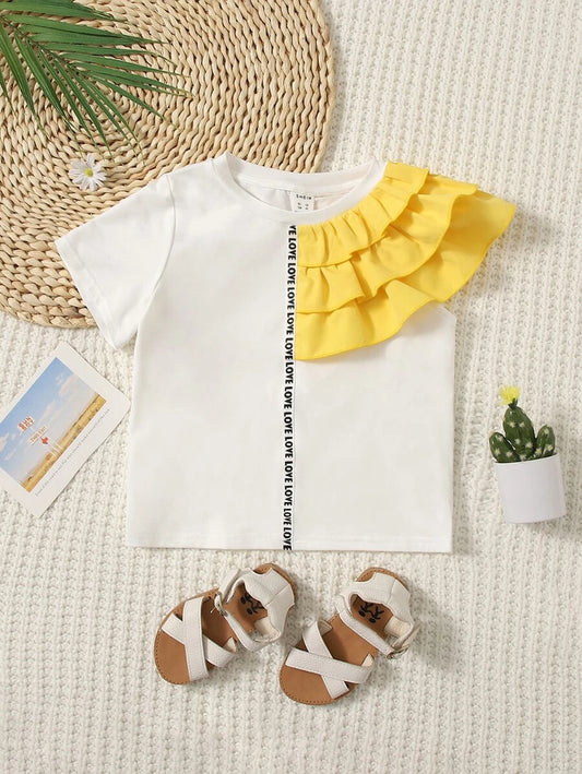 Niñitas Camiseta panel con cinta con letra a capas ribete