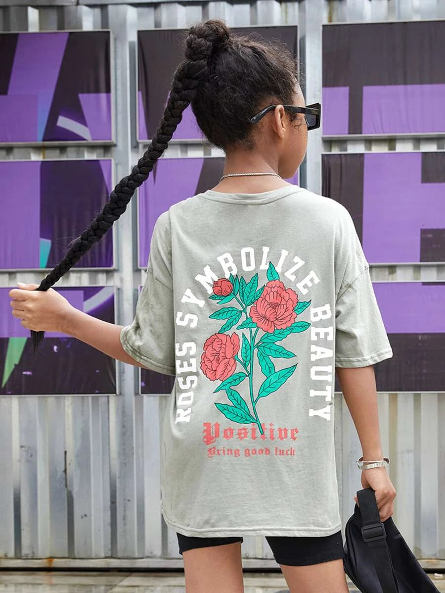 Niñas Camiseta de hombros caídos con estampado floral con slogan