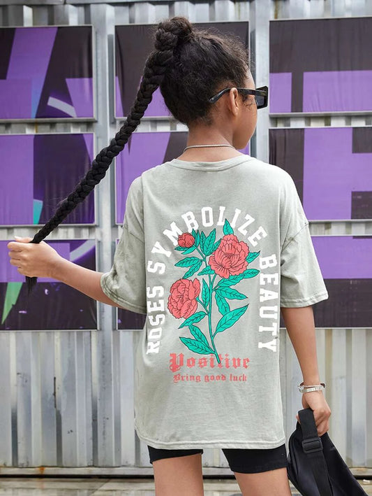 Niñas Camiseta de hombros caídos con estampado floral con slogan