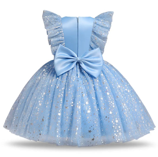 VESTIDO azul con encaje con lazo trasero con destellos plateado